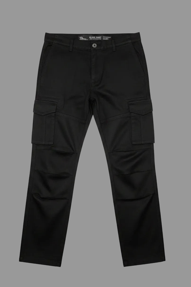 Black cargo pants on a gray background