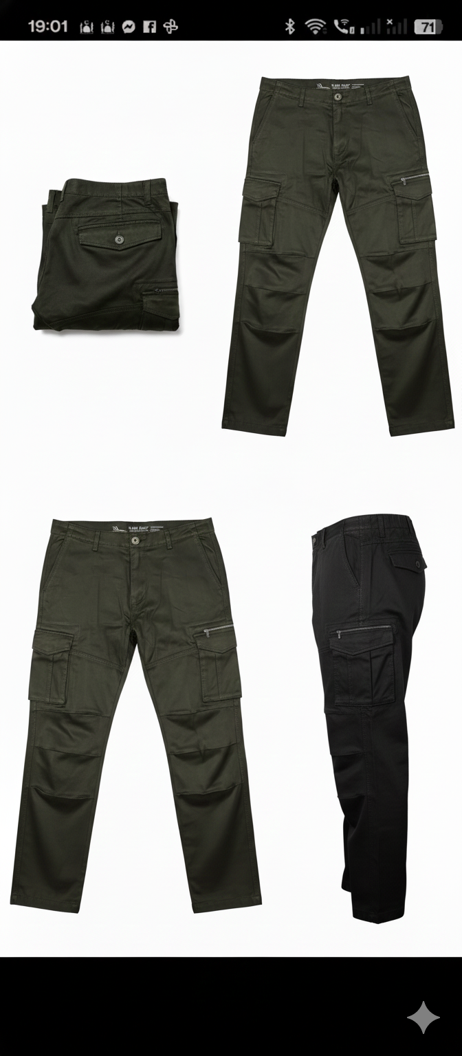 Dark green cargo pants displayed in various orientations on a white background.