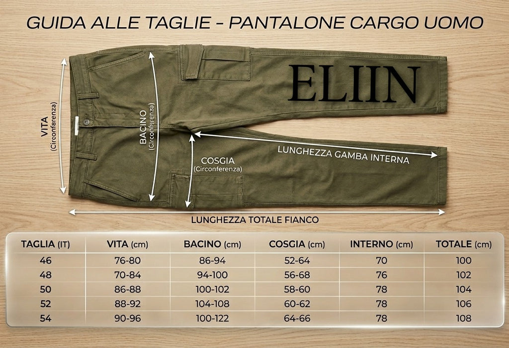 Green cargo pants with measurement chart on a wooden background