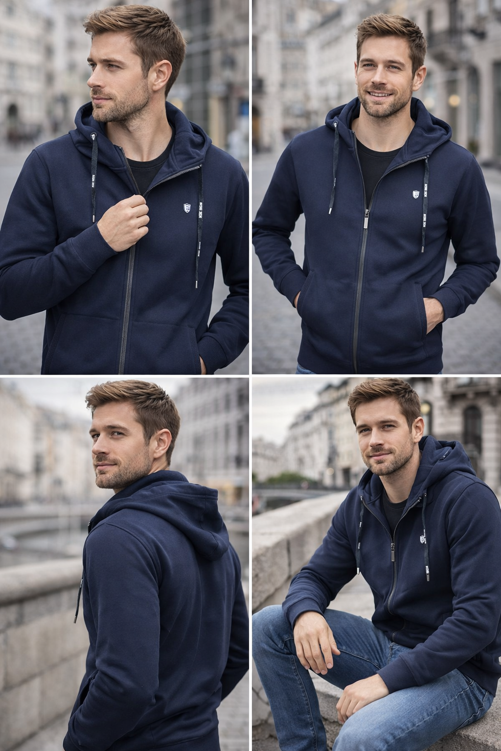 Collage of a man wearing a navy blue hoodie in various poses outdoors.