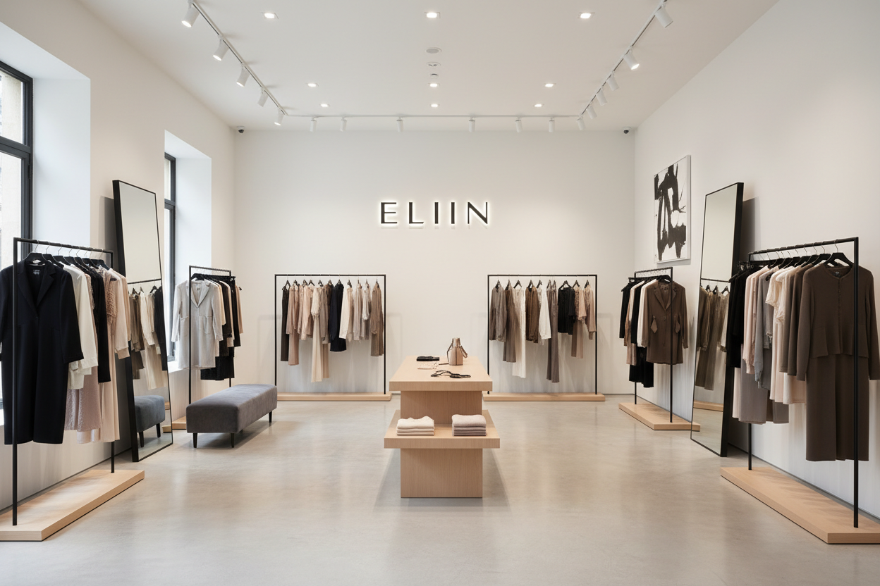 MAKE A CLOTHING SHOW ROOM PICTURE  WITH BRAND NAME ELIIN. BRAND NAME ON SHOPES WALL