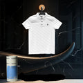 White polo shirt on a hanger with a black marble background