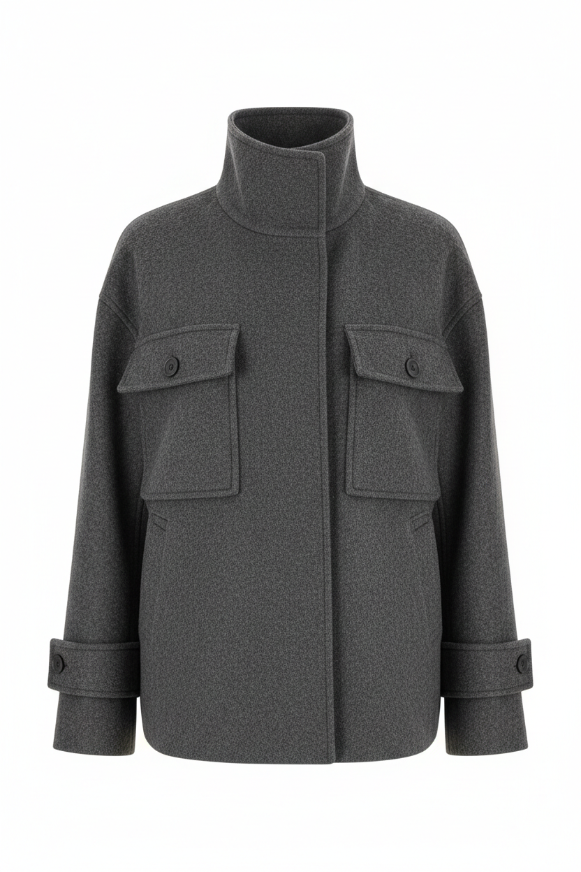 women double pocket jacket with high neck coller